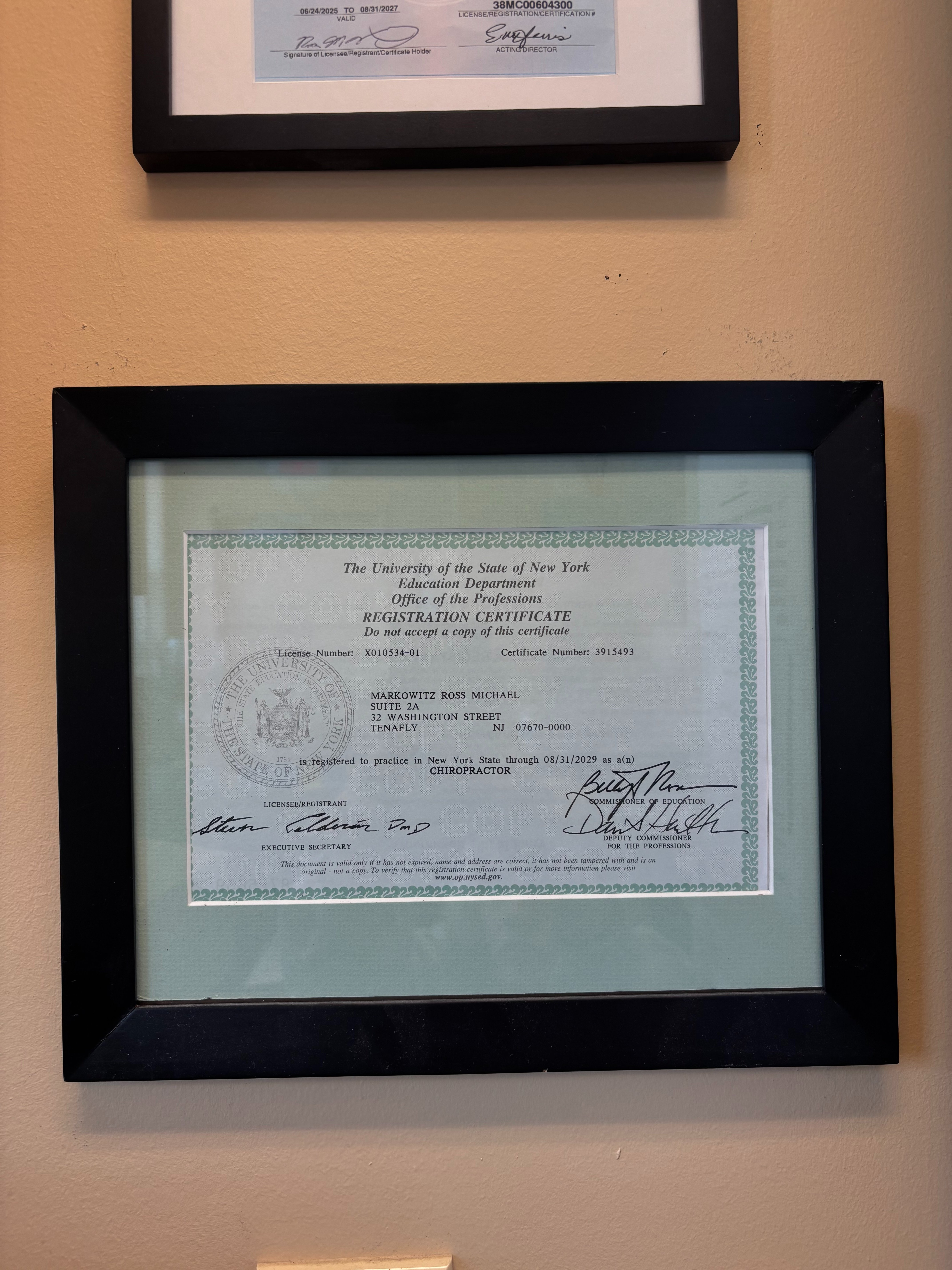 Dr. Ross Markowitz New York and New Jersey Chiropractic Licenses